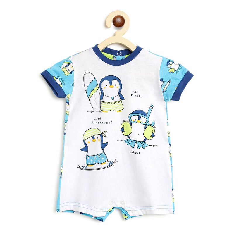Boys White & Light Blue Printed Short Sleeve Romper image number null